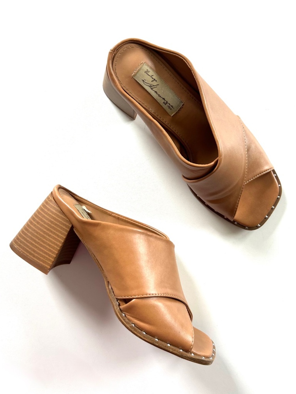 Vintage Havana Cognac Brown Criss Cross Vegan Leather Valeria Block Heel Sandals